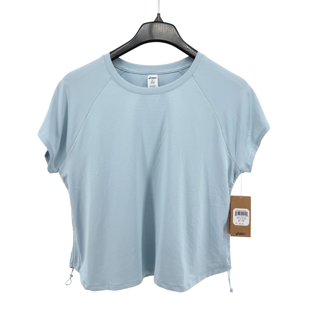 NEW Asics Mesh Light Weight Ruched Top Womens XL Blue Short Sleeve Cinch Sides